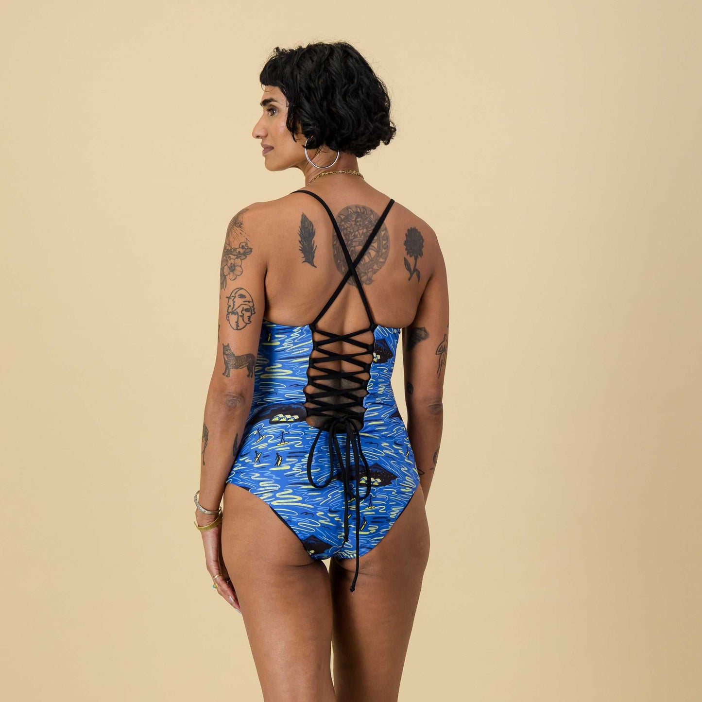 Adjustable lace-up back swimsuit for custom fit – Sol Full Costume in The Berg print by Loyde Triana